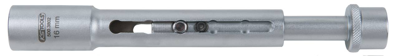 A silver tool with the inscription '16 mm', showing a mechanism with a slider and bolt inside, likely for technical applications.