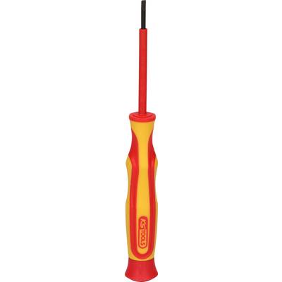 Insulated screwdriver with a red and yellow handle, suitable for electrical work.