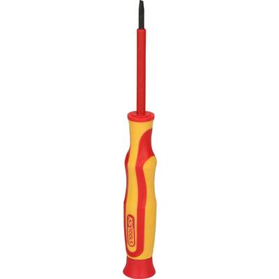 Screwdriver with red and yellow handle, suitable for electrical work.