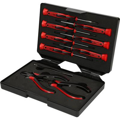 A black tool set with ten screwdrivers and three pliers, all with red handles, arranged in an open box.