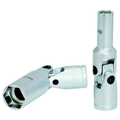 Two socket joint hinges in silver colour. One is lying down, one is standing upright. Both have black screws for fastening.