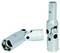 Two socket joint hinges in silver colour. One is lying down, one is standing upright. Both have black screws for fastening.