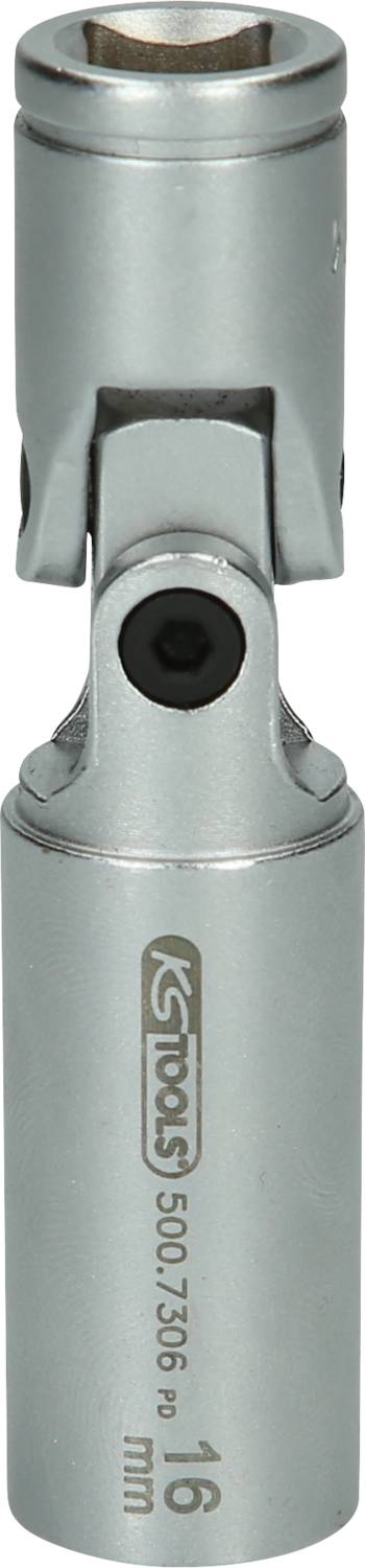 Metal swivel joint socket adapter with engraving 'KS TOOLS 500.7336 16 mm', suitable for screw work in hard-to-reach areas.
