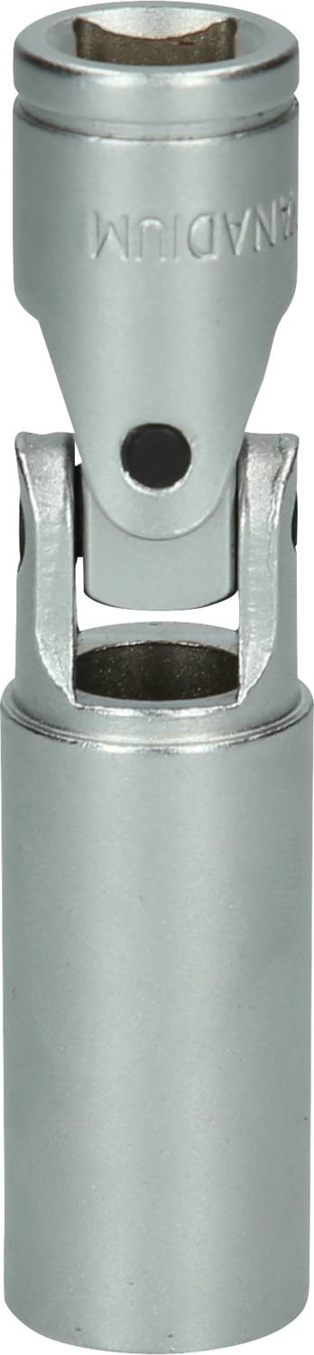 A silver universal joint socket extension adaptor that flexibly connects tool components.