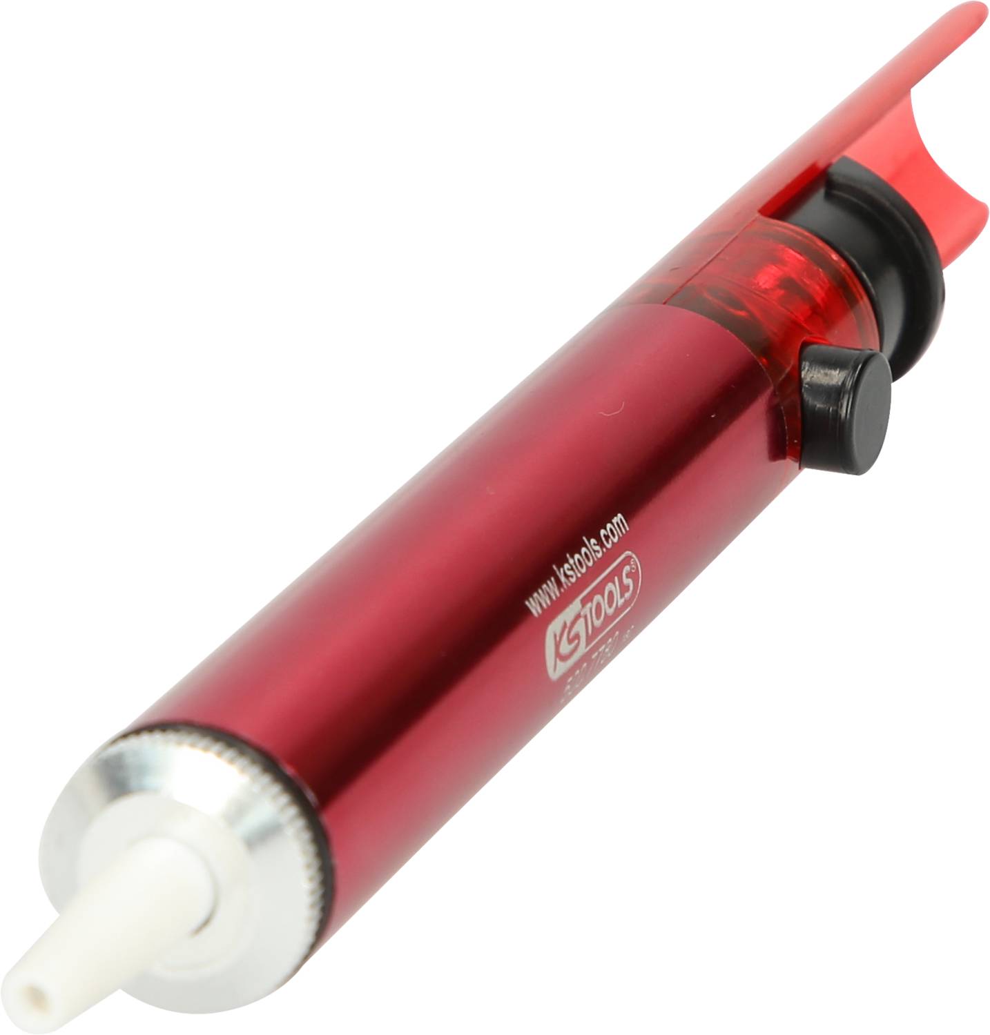 A red desoldering pump, cylindrically shaped, with a black button and a white tip, used for removing solder.