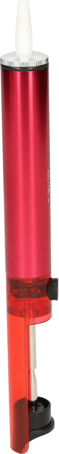 A red piston pipette, presumably used for handling liquids in a laboratory, rises up.