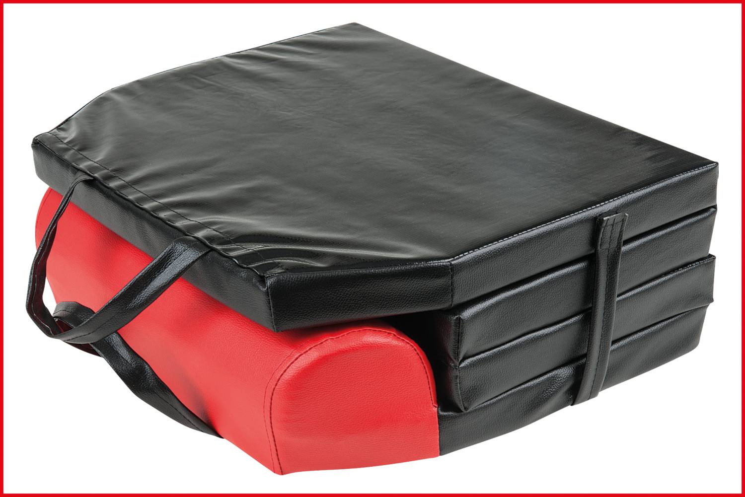 Stacked black and red exercise mats with carry handle, suitable for sports or fitness activities.
