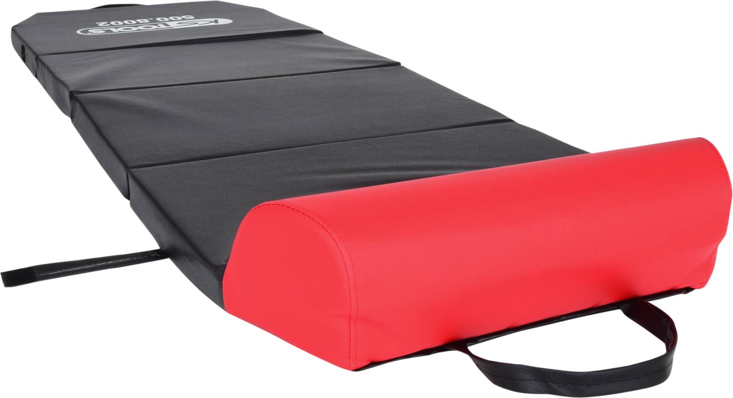 Black folding step with red padded end, carried by a handle.