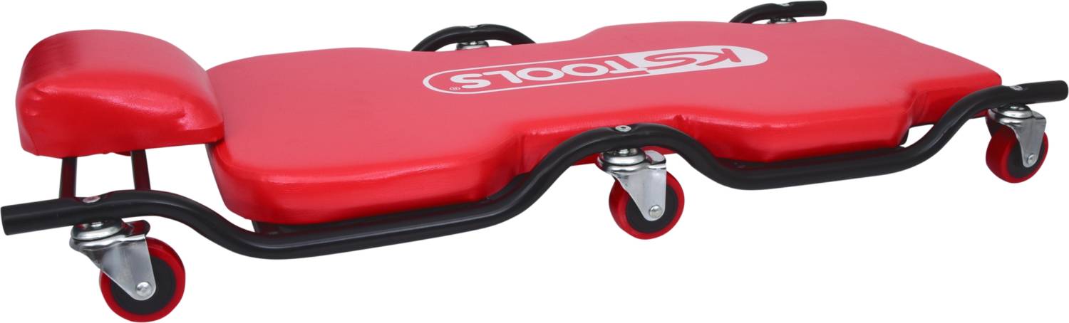 Red mechanic's trolley with four wheels and padded headrest, brand name visible on the seat surface.