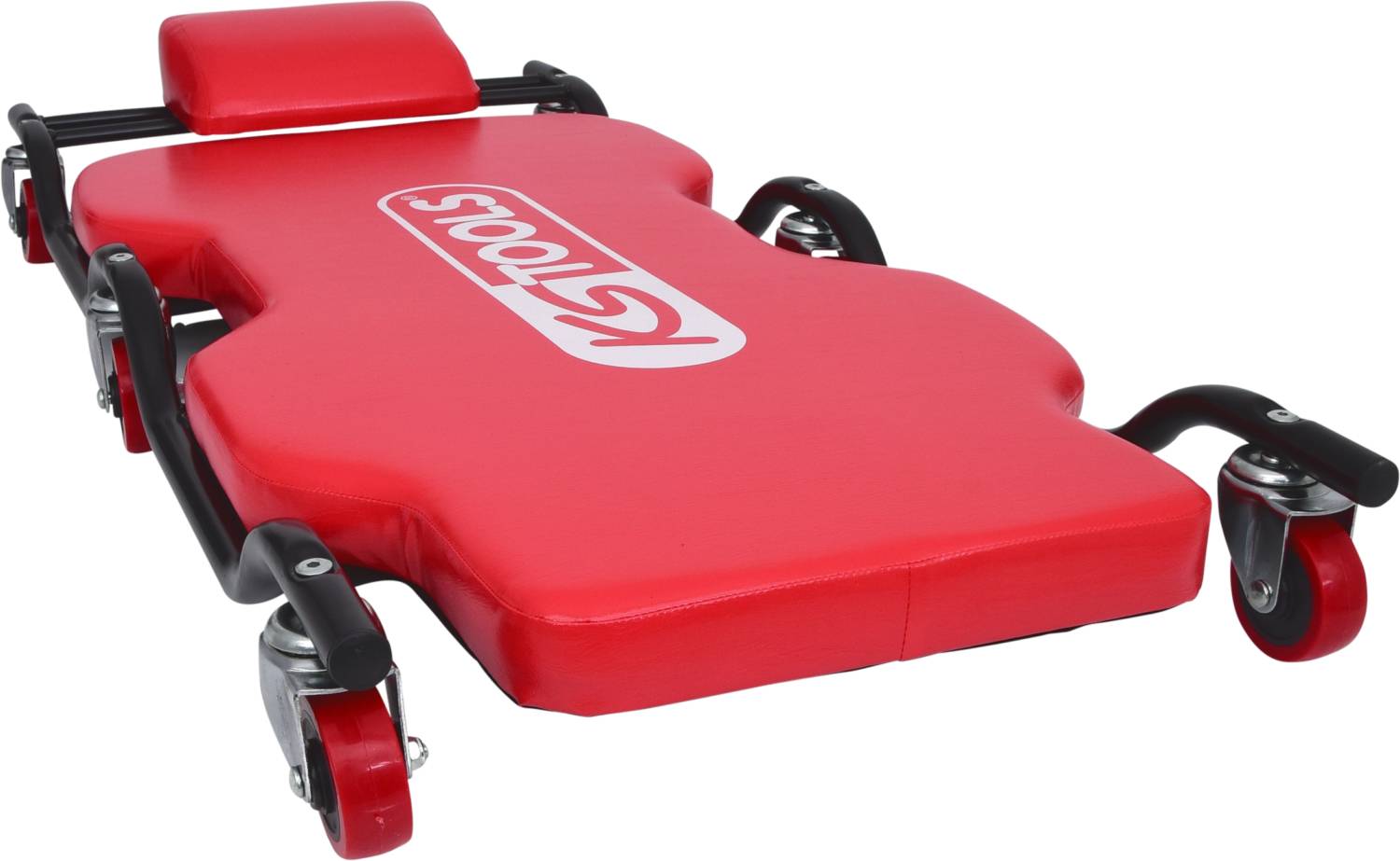 Red workshop trolley with black wheels and a headrest. Ideal for car mechanics to work comfortably underneath vehicles.