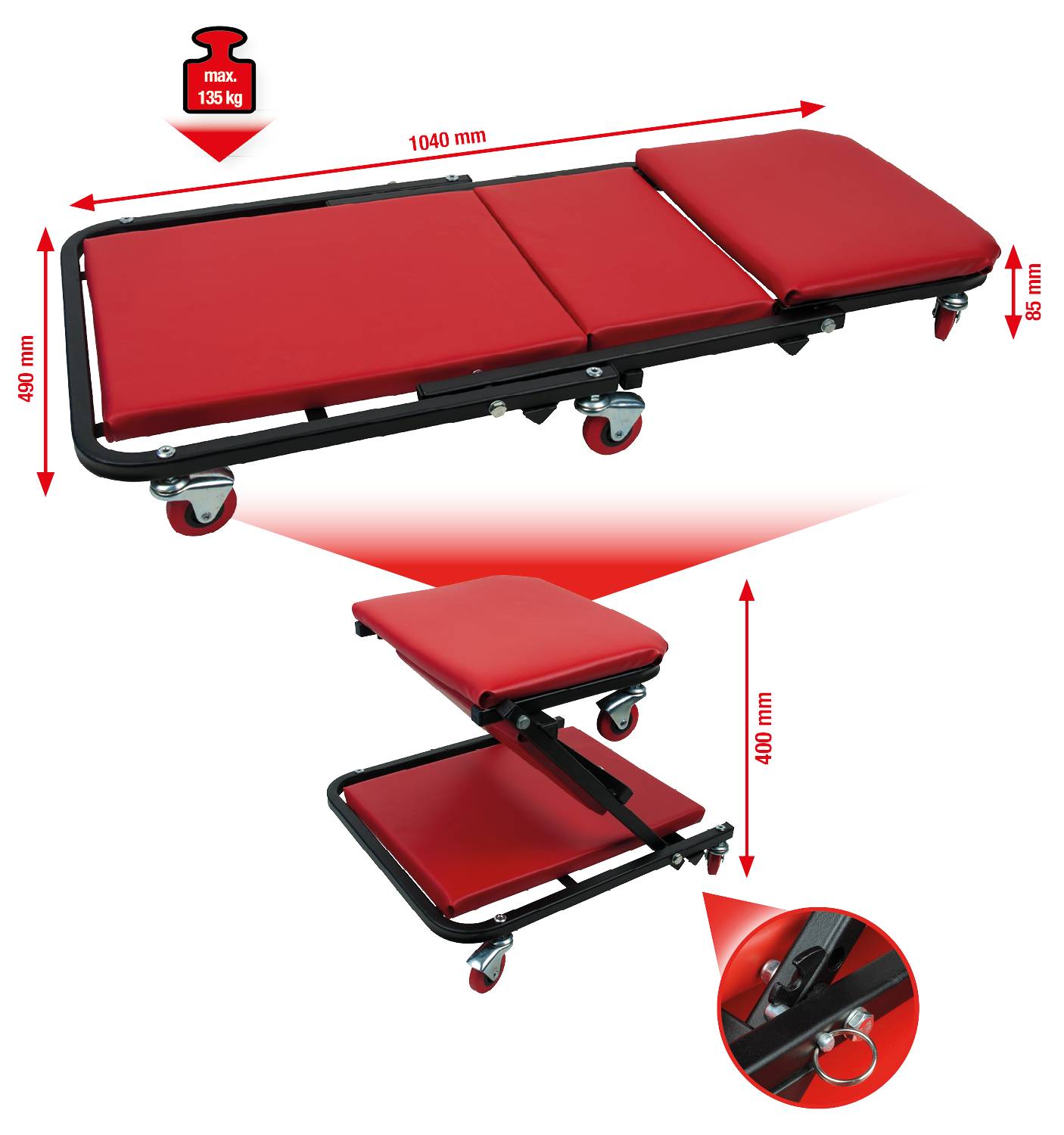 'Red Trolley, convertible to a seat, load capacity up to 135 kg. Dimensions: 1040 x 400 x 85 mm. With swivel wheels and locking mechanism.'