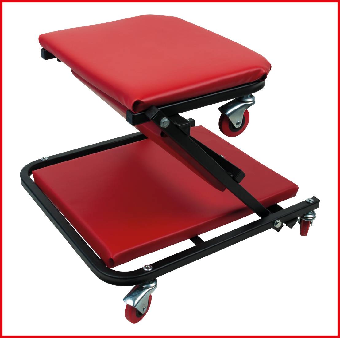 Red, padded workshop seat with adjustable seat height and castors for easy mobility in the garage or workshop.