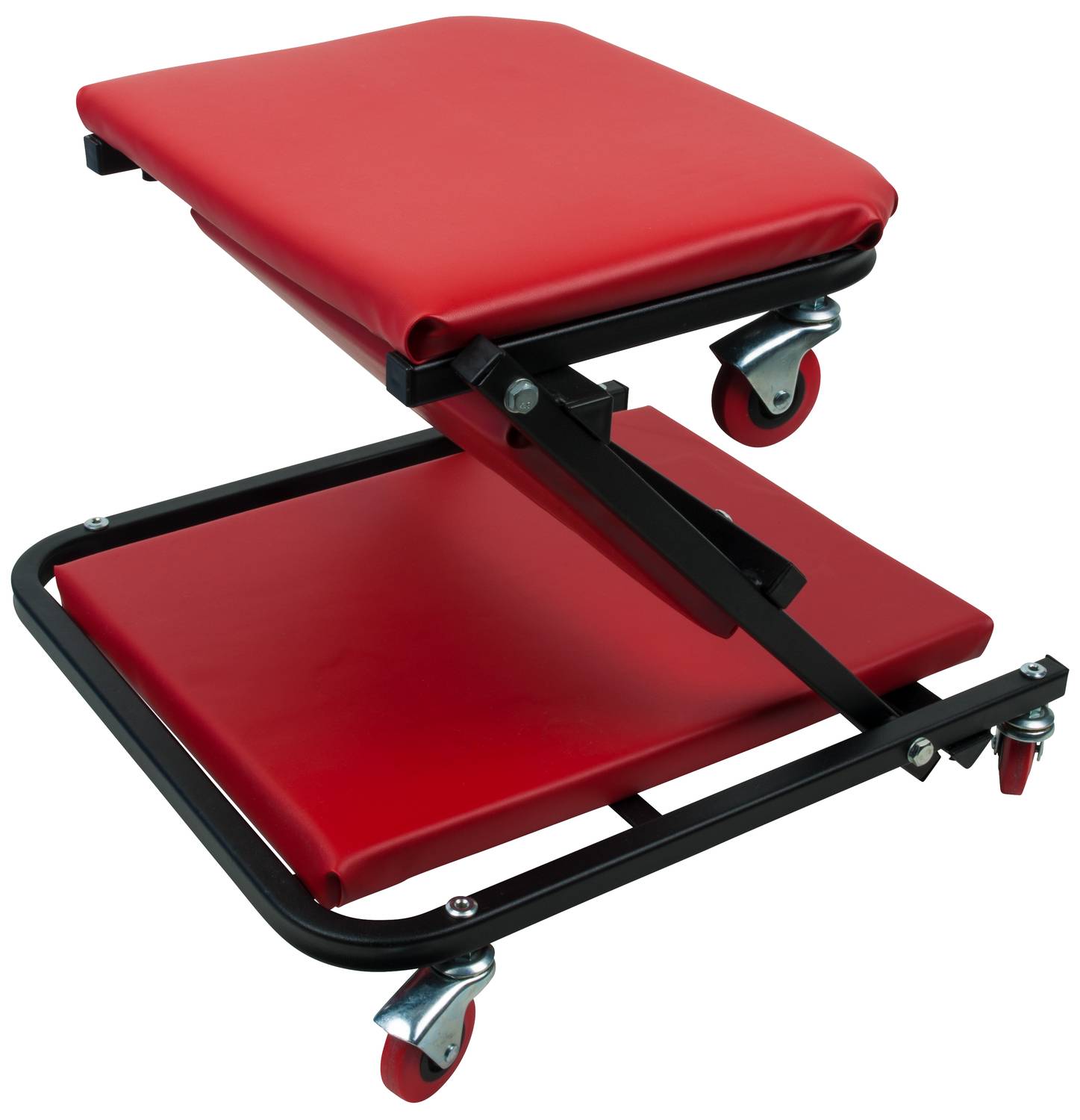 Red workshop stool with seat pad and castors. Adjustable for comfort and mobility. Primarily for use in workshops.