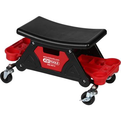 Red and black workshop stool on castors with storage compartments and the inscription 'ks tools'.