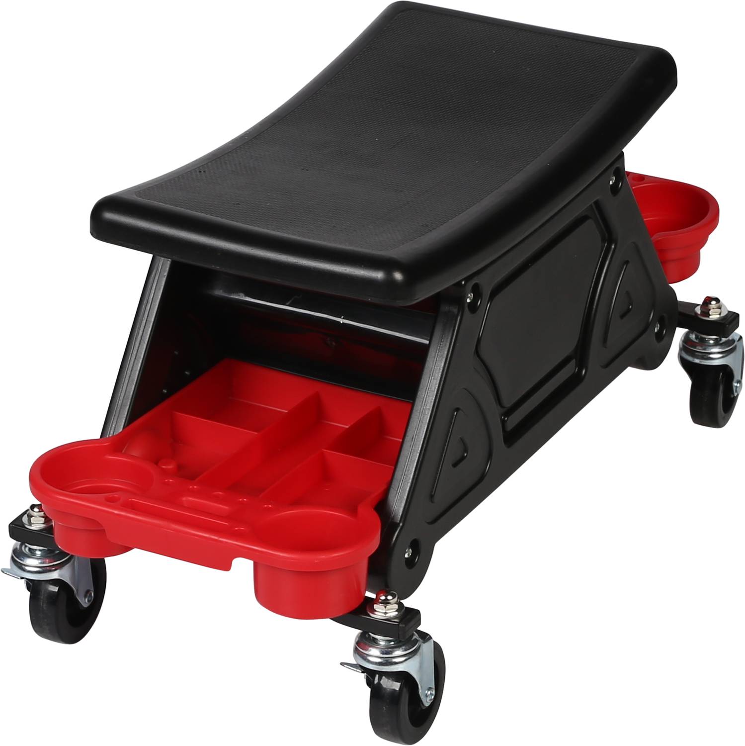 Workshop roller stool with padded seat, red tool drawers, and wheels. Ideal for comfortable work in the workshop.