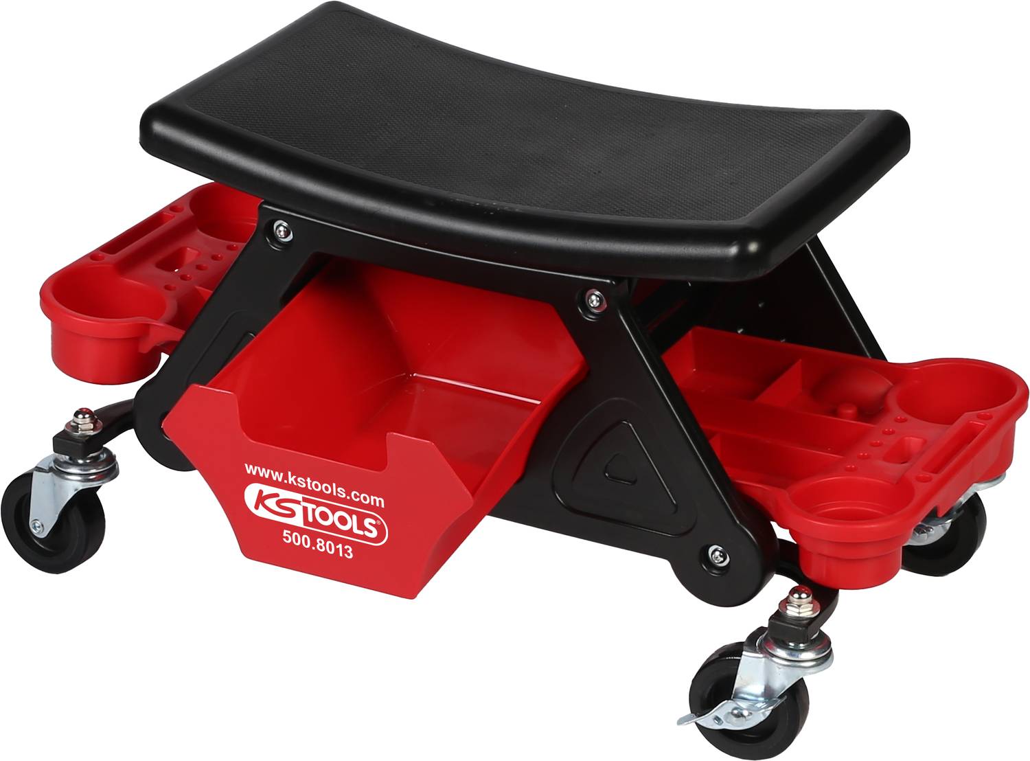 Workshop stool made of black plastic with red storage compartments and four swivel castors; suitable for workshop tasks.