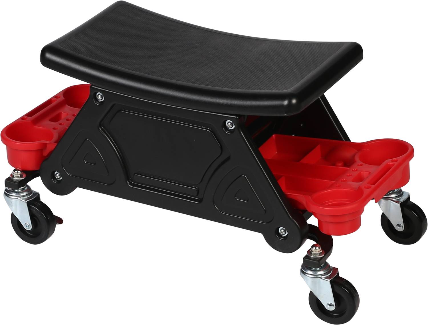 Black, mobile workshop stool with red storage compartment, suitable for mechanics to work comfortably in a low position.