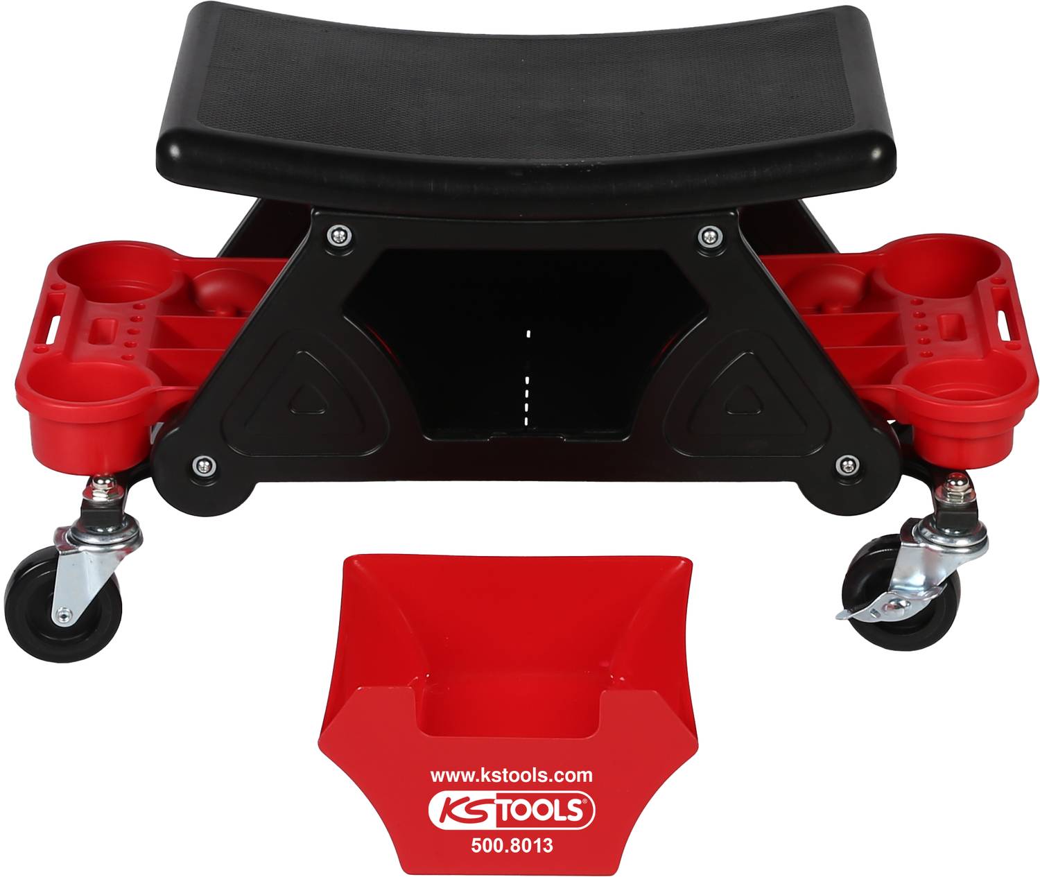 A black roller stool with storage surfaces and tool holders, designed for workshop work, mounted on castors for easy movement.