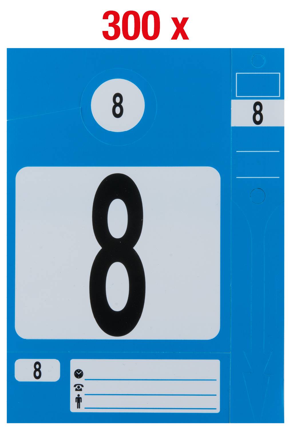 'Blue parking ticket with the number 8, suitable for vehicles up to 300 cm in length.'