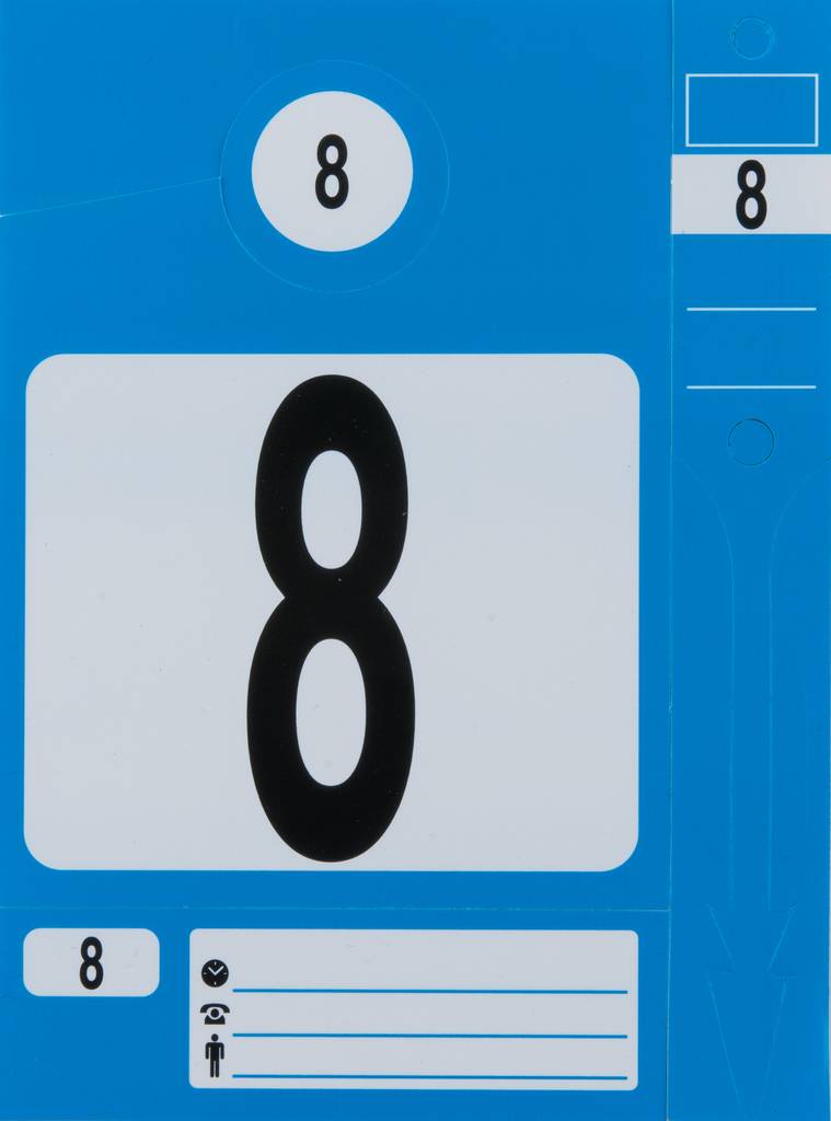 Blue sign with the number '8', followed by blank lines and accessibility symbols, likely a wayfinding sign or location marker.
