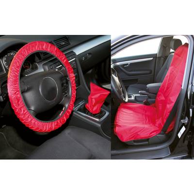 Steering wheel, gear lever and car seat are covered with red protective covers for protection. Passenger door is open.