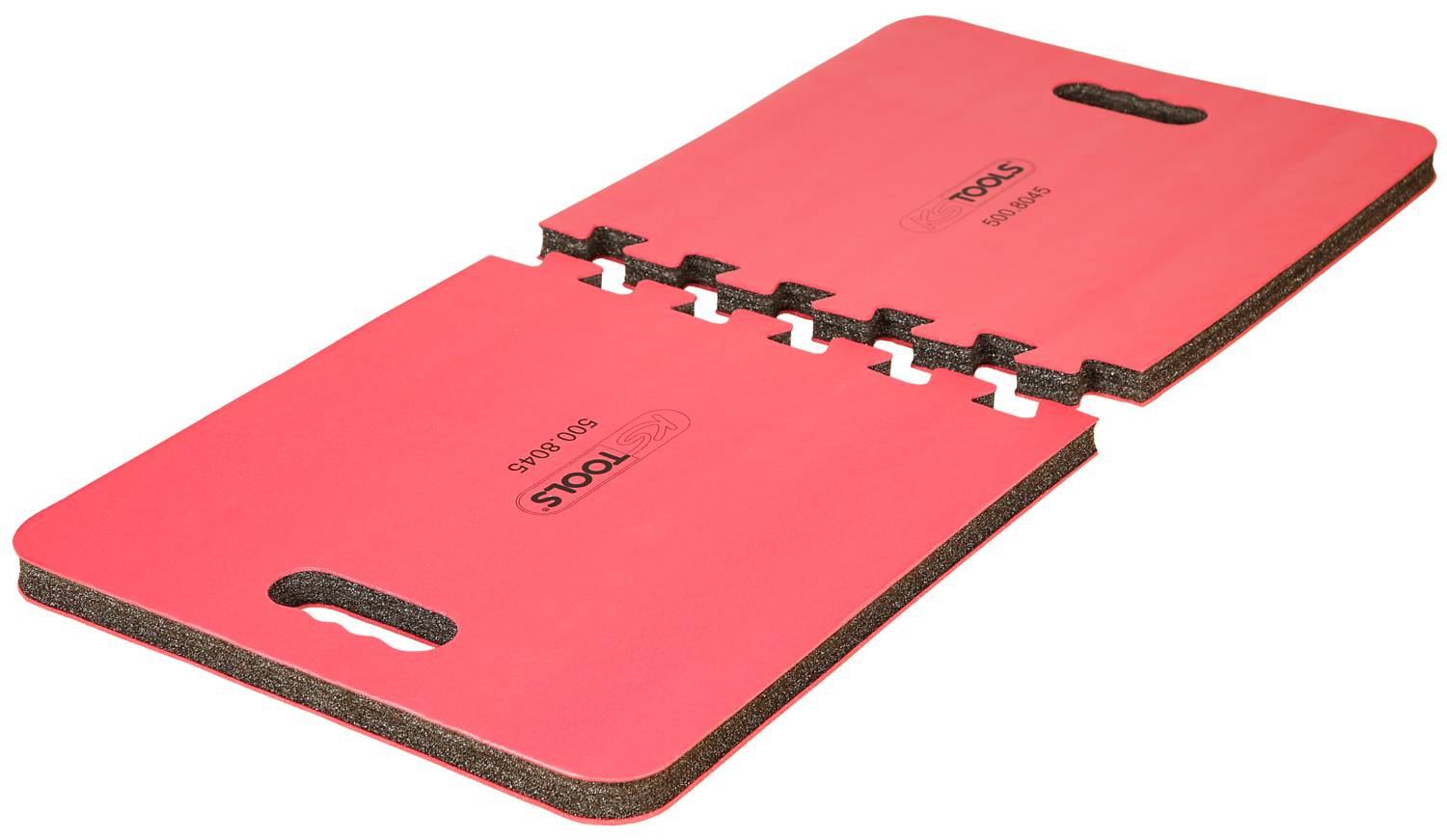 Two red, foldable knee pads with handles, suitable for gardening or DIY tasks.