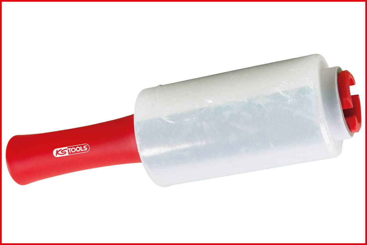 A transparent stretch film with a red handle. Suitable for securely and efficiently wrapping and bundling items.