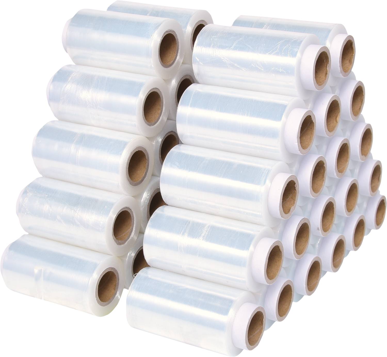 Stack of transparent film rolls, arranged in a pyramid formation.