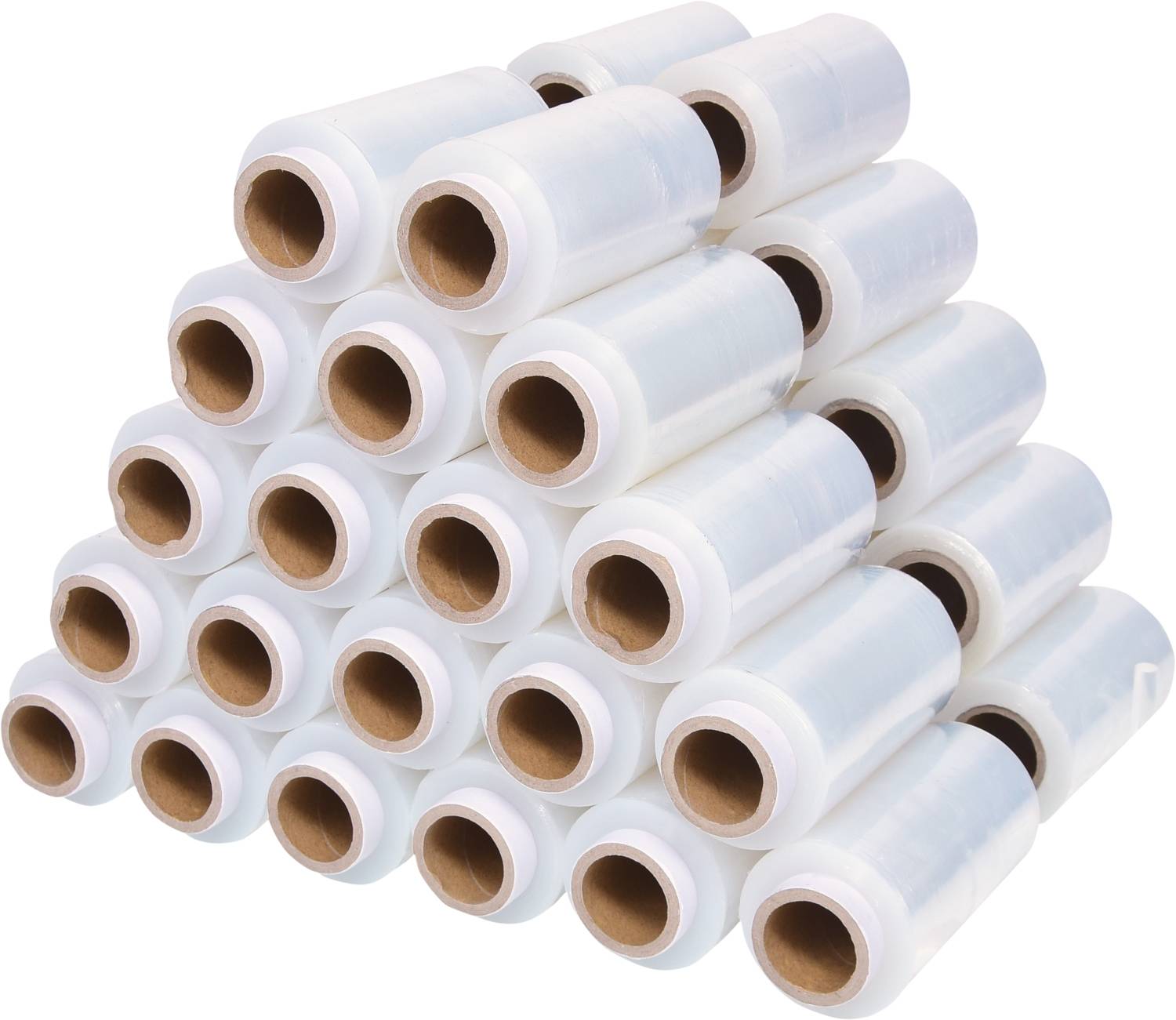 Several stacked rolls of transparent stretch film, arranged in a pyramid shape.