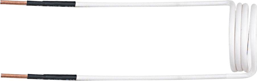 Copper pipe with white insulation, coiled into a spiral on the right side and with straight ends on the left.