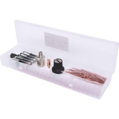 A transparent plastic enclosure with various small metal components and accessories for technical applications.