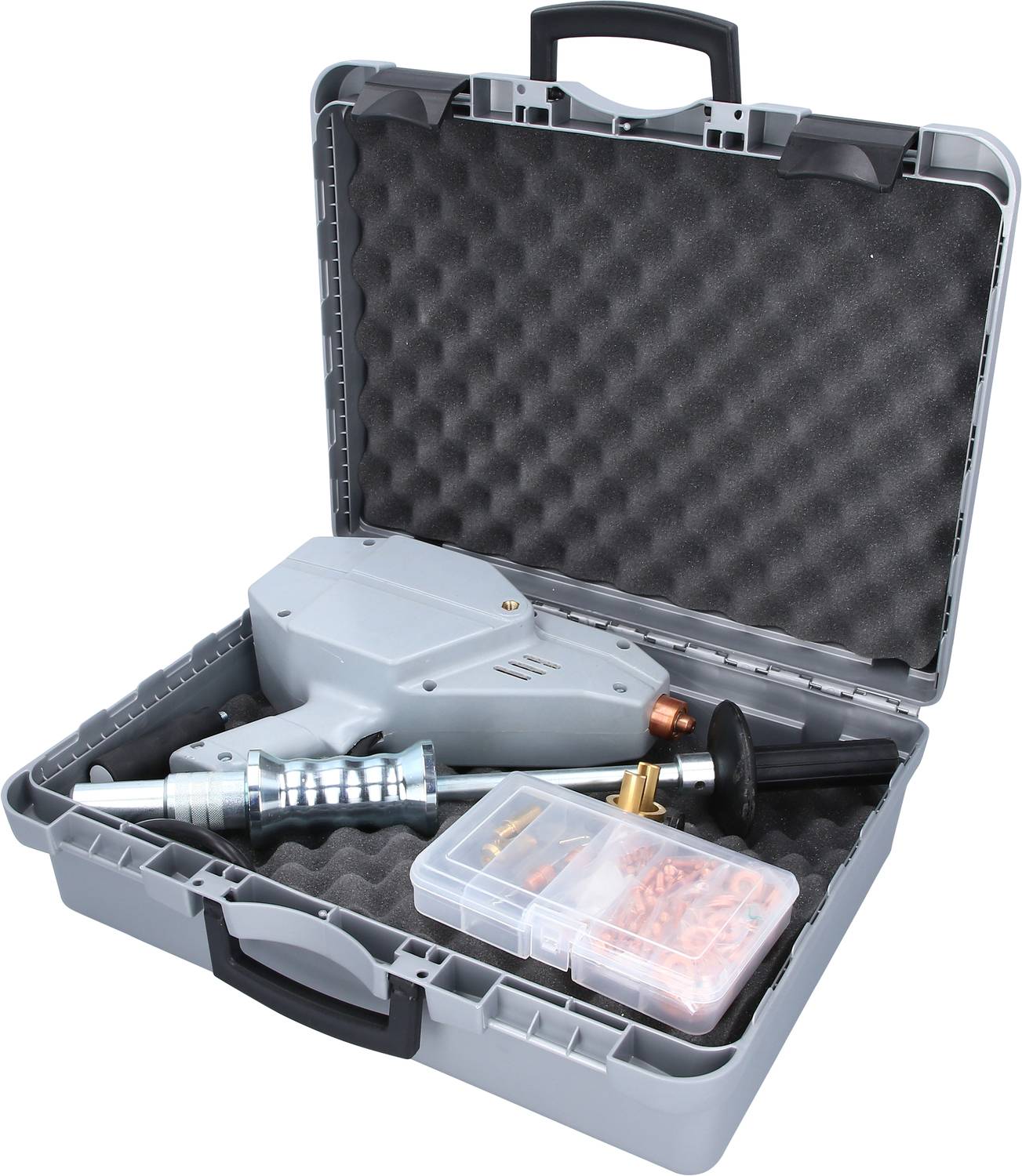 Metal case with electrical tools, various attachments and accessories in a sealed plastic container.