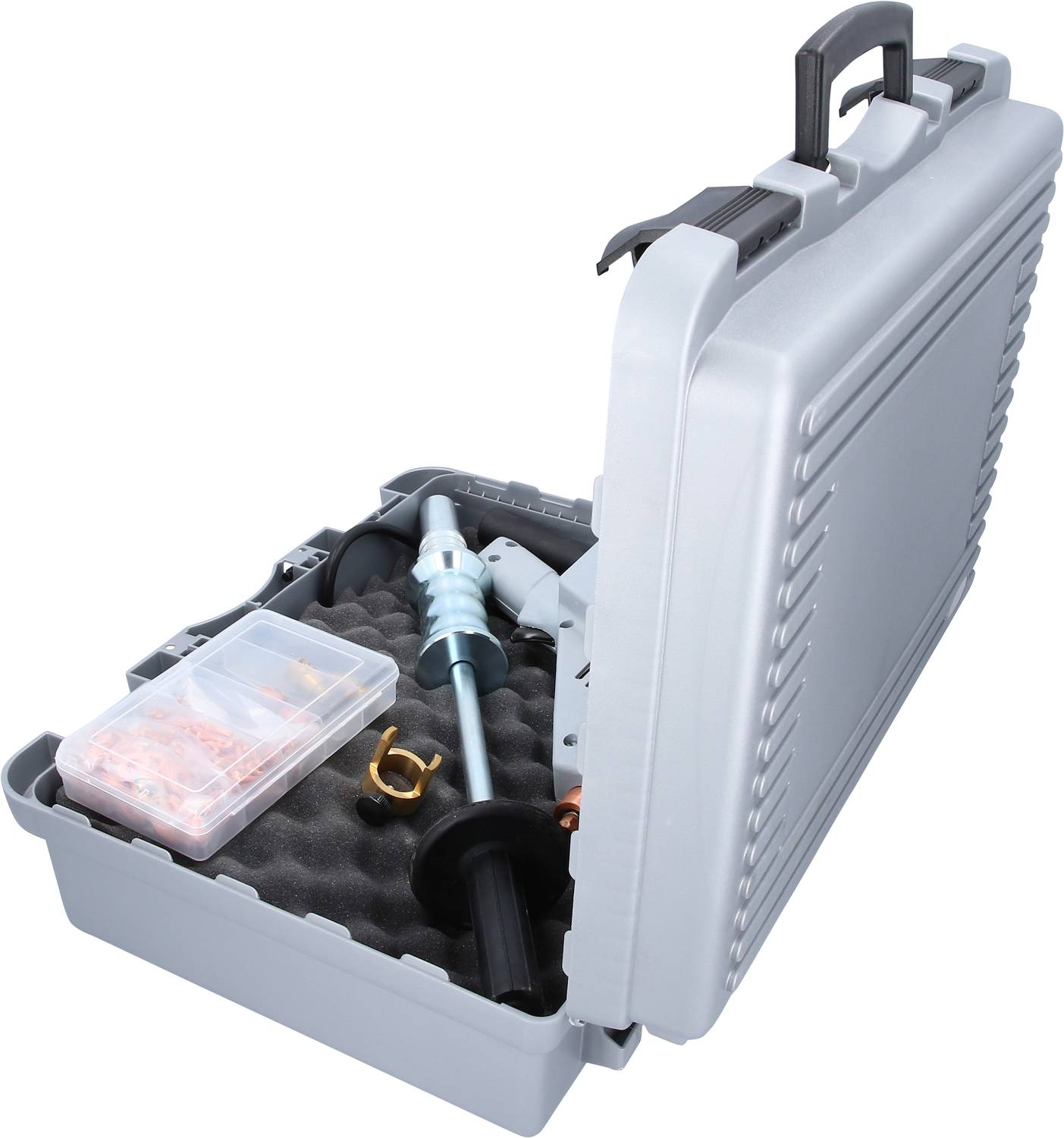 Grey case with black handle, opened, reveals a metal key and plastic box with small items, nestled on foam padding.