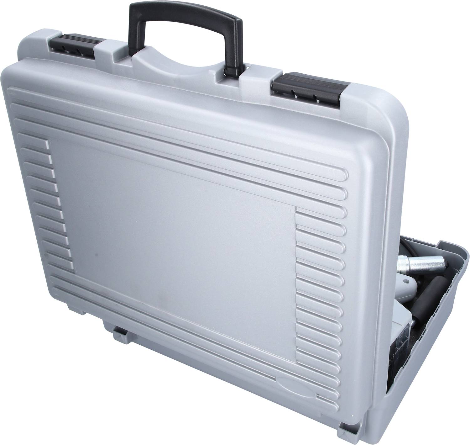 Grey tool case with black handle, slightly open. Parts of a tool set are visible.