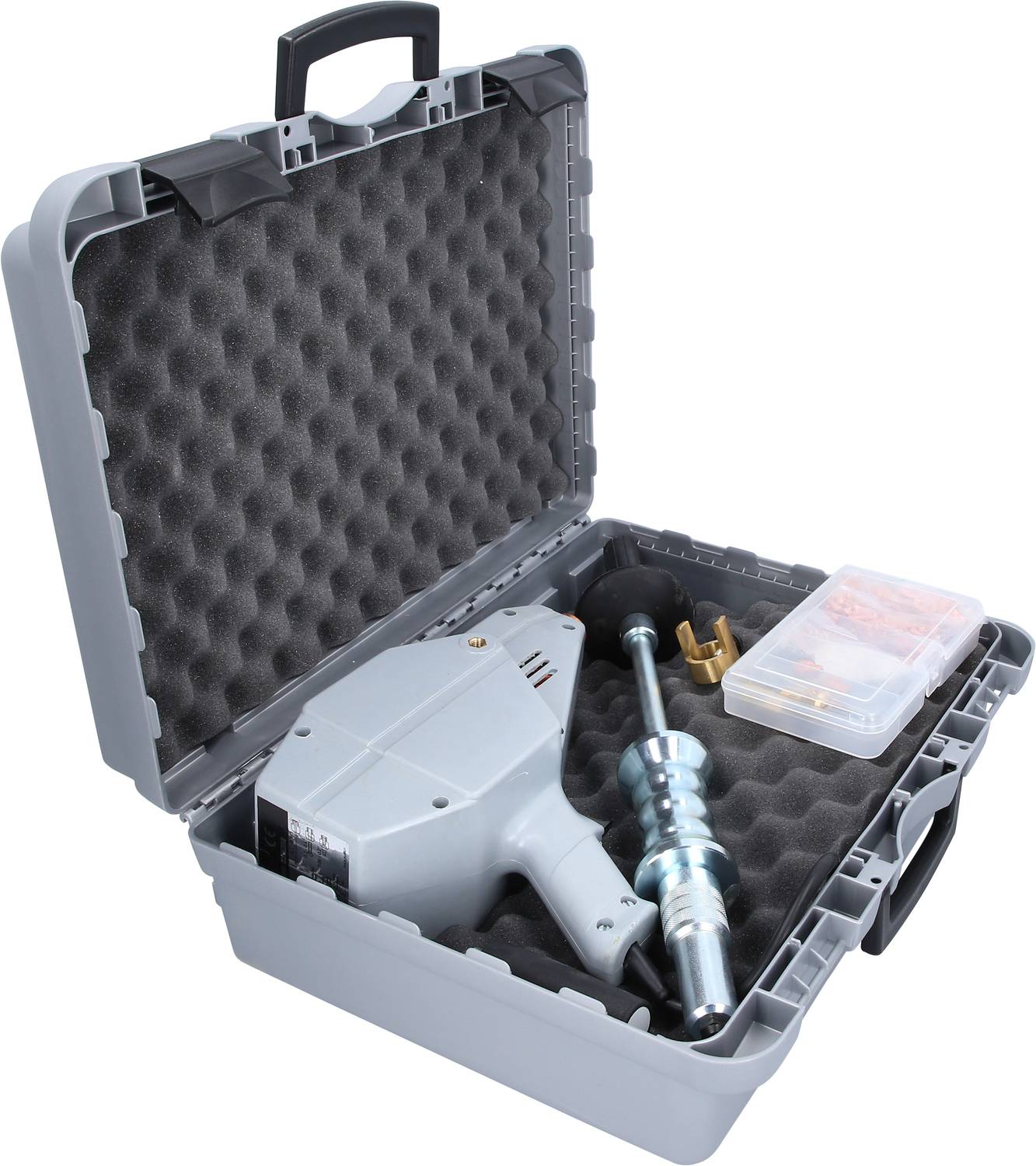 A grey tool case contains a power screwdriver with attachments and accessories, nestled in foam padding.