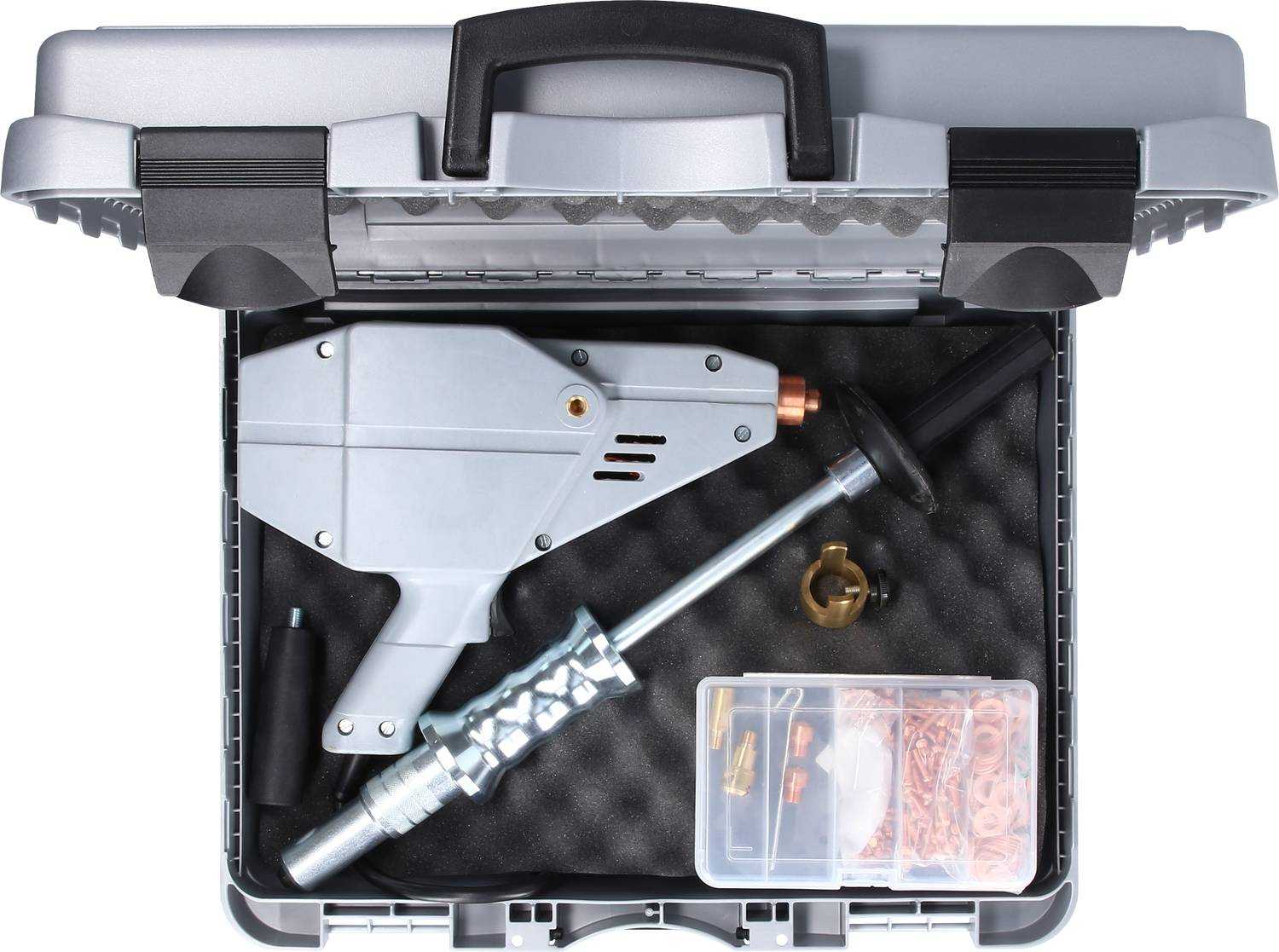 A silver-coloured nail setting device in a case with accessories, including screws and wall plugs, organised in different compartments.