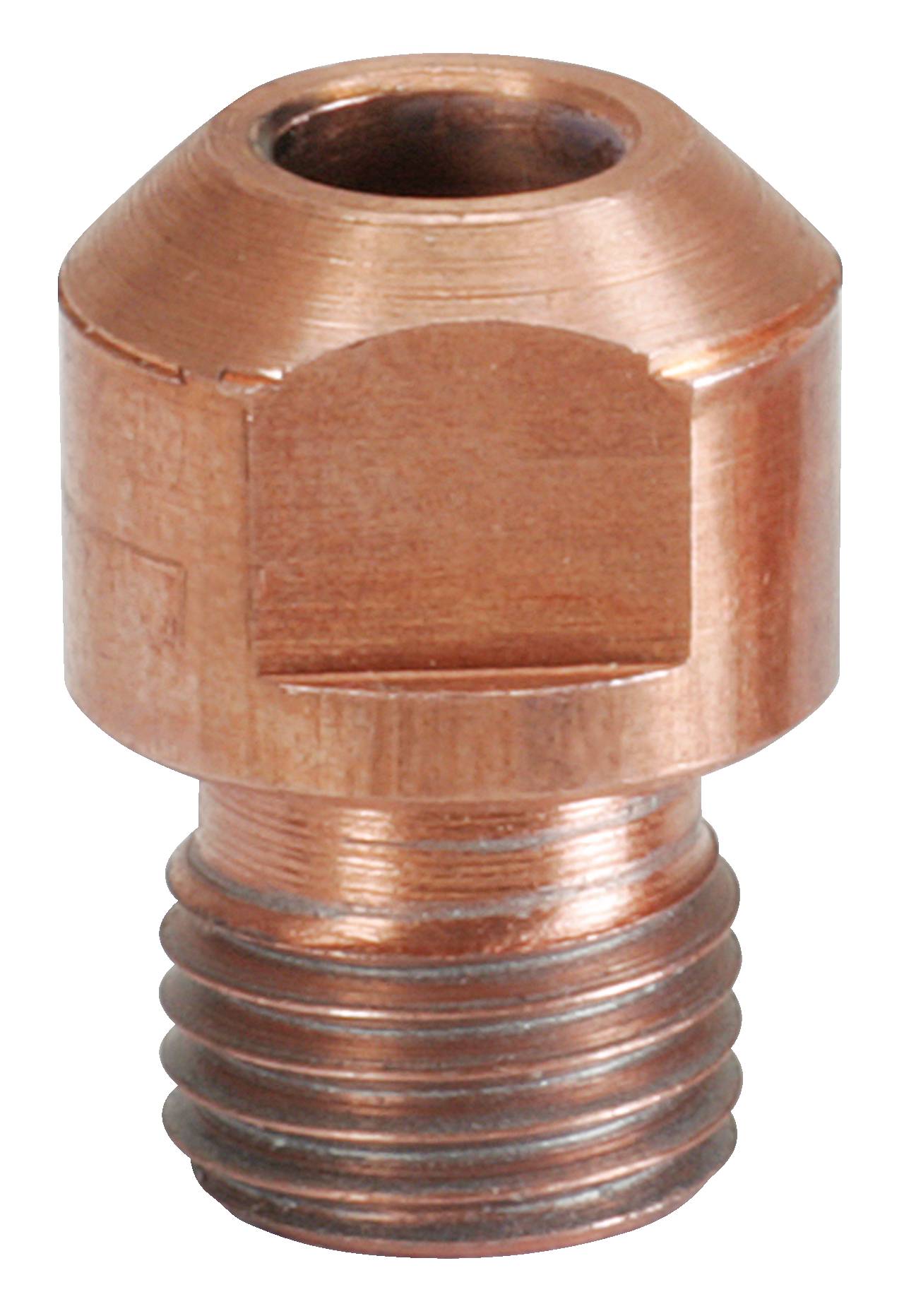 Copper-coloured metal screw connector with thread, cylindrical head and tapered point, suitable for industrial applications.