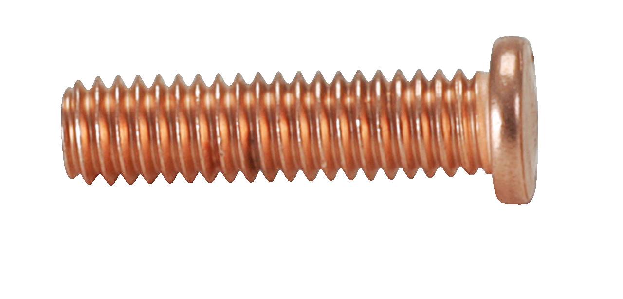 A copper screw bolt with a cylindrical thread and flat head, lying on a white background.