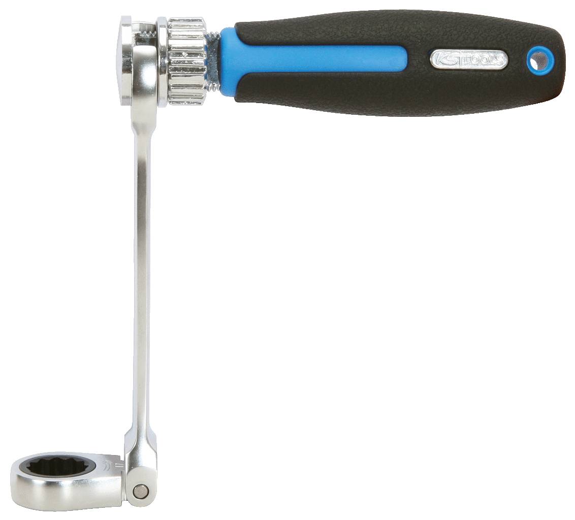 A silver ratchet spanner with a black and blue handle, photographed from the side, shows the shape and design of the tool.