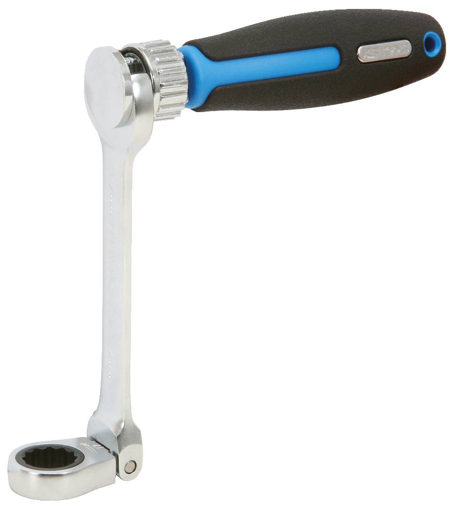 An adjustable spanner with a black handle and blue accents, designed for confined working spaces.