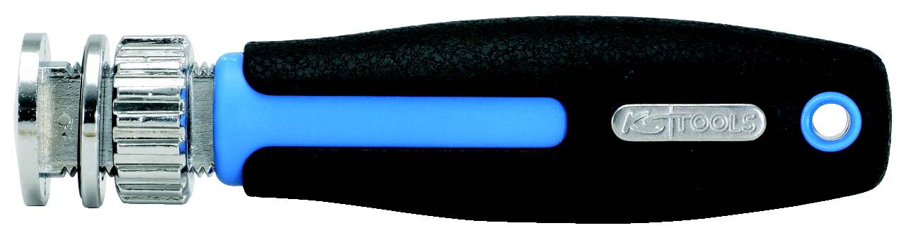 Screwdriver with a black handle and blue line, silver metal end, suitable for specialist fastenings.