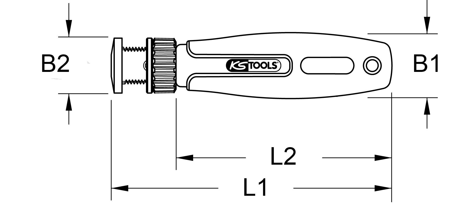 The image shows a diagram of a KS TOOLS tool. Dimensions B1, B2, L1, and L2 are marked, indicating the tool's parts.