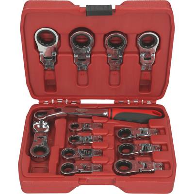 A red tool case set with ratchets and socket spanners in various sizes, neatly arranged and ready for use.