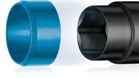 Close-up of a blue and black cylindrical metal component, fitted together. They appear to be part of a tool.