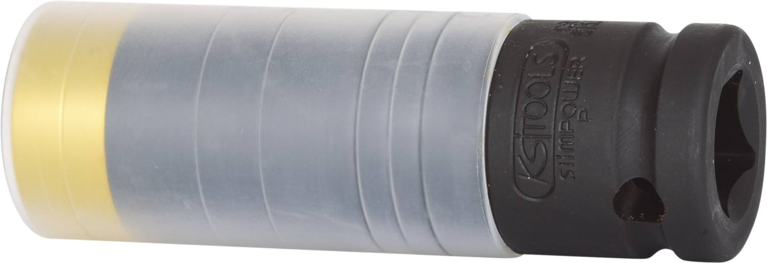 Cylindrical tool with a black and grey housing, with a yellow stripe at the end. Potentially a socket attachment.