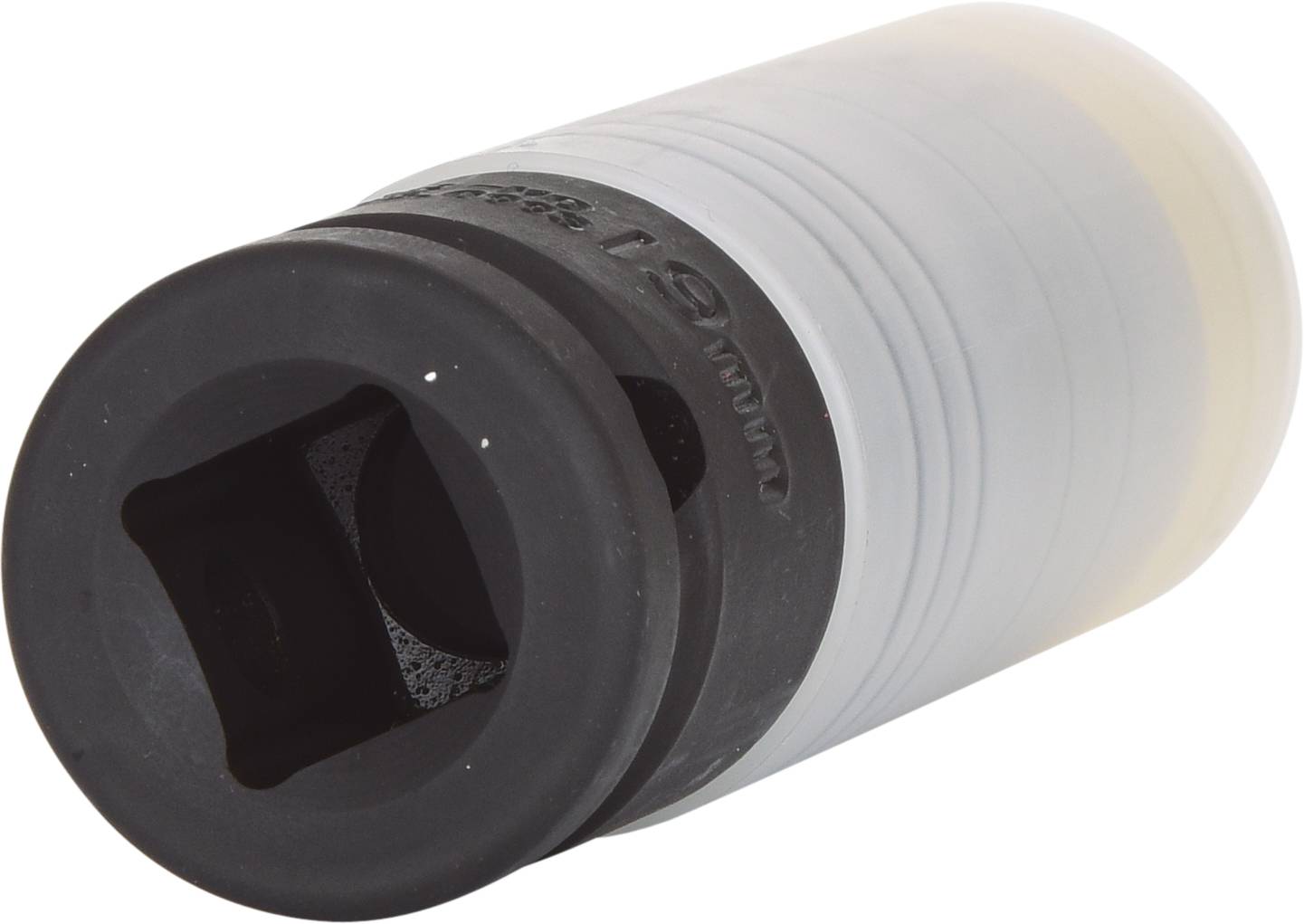 A black, cylindrical plastic lid with an open aperture; rear section transparent and ribbed.