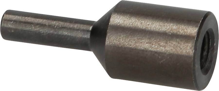 A cylindrical metal adapter with a slender extension on the left side and a screw aperture on the right. Used for machinery.