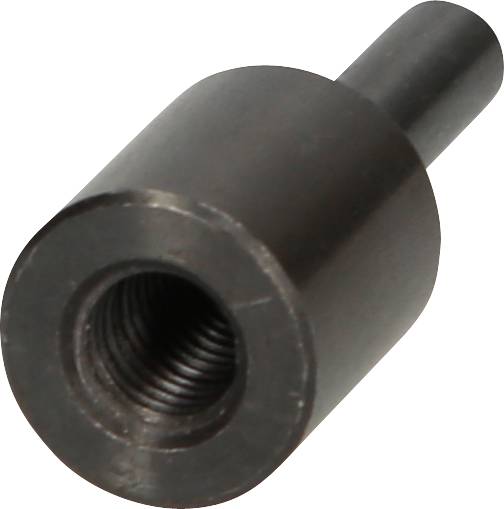A black metal adapter with an internal thread, cylindrical in shape. Used for connecting two components in machinery.