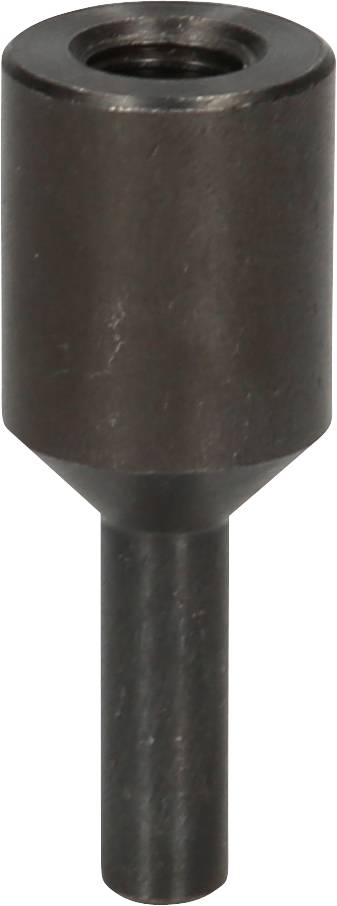 Metal tool attachment with a cylindrical head and long shaft, likely used for precision drilling in the workshop.