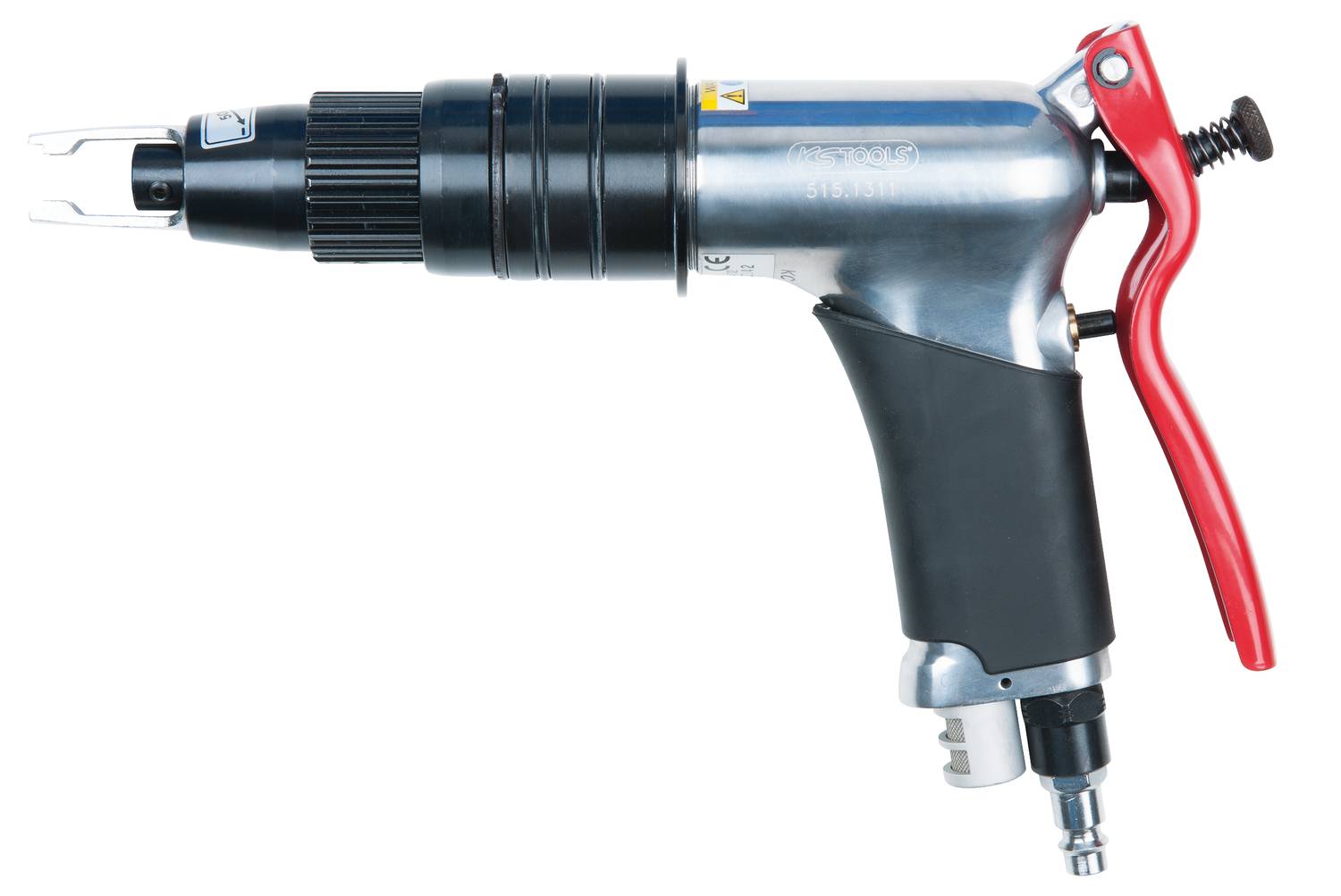 A pneumatic impact wrench with a red handle and black protective cover. It is used for rapid screw tightening and nut loosening in workshops.